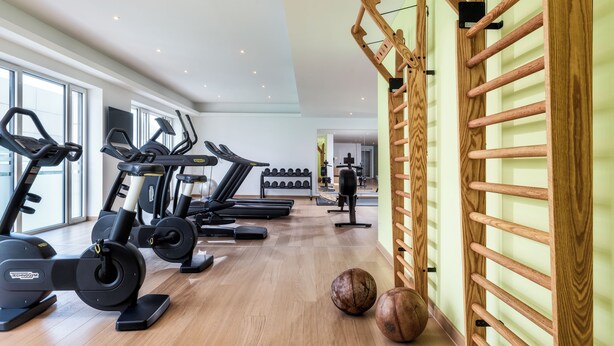 A gym with treadmills, weight machines, and a wooden climbing wall. - Mövenpick Hotel Stuttgart Messe & Congress (Leinfelden-Echterdingen)