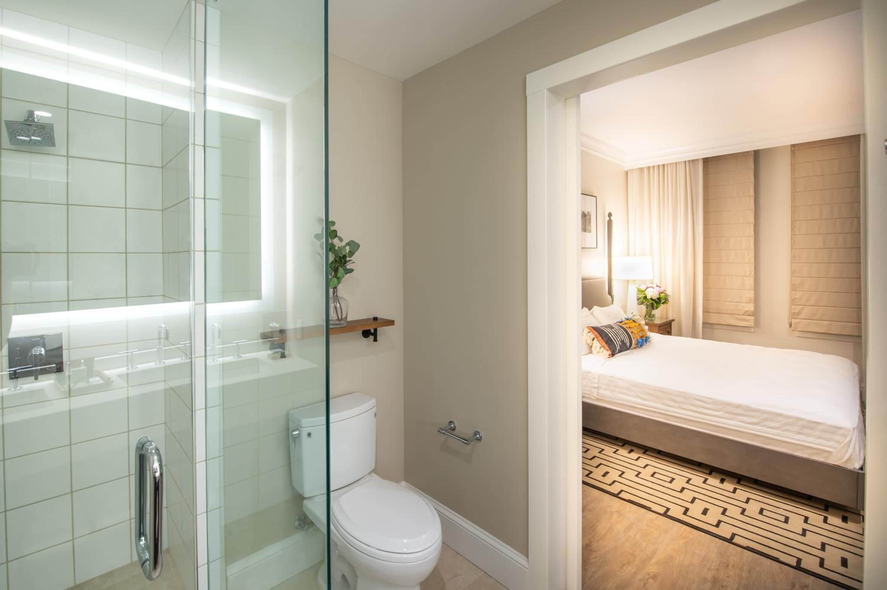 shower, designer toiletries, towels