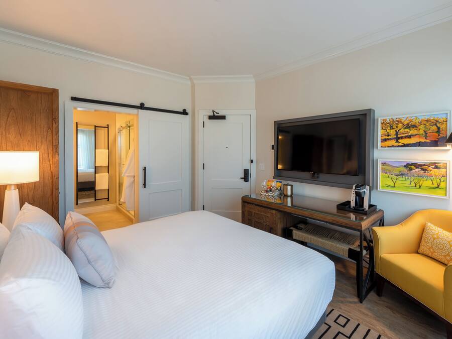 Une chambre d’hôtel avec un lit, une télévision, un canapé et un tableau au mur.