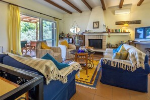 Télévision, cheminée, lecteur de DVD, chaßne hi-fi