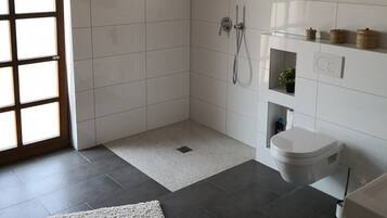 Dusche, Haartrockner, Handtücher, Seife