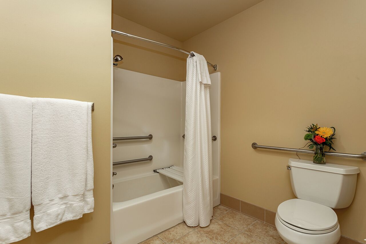 A bathroom with a bathtub, a toilet, and a shower curtain.