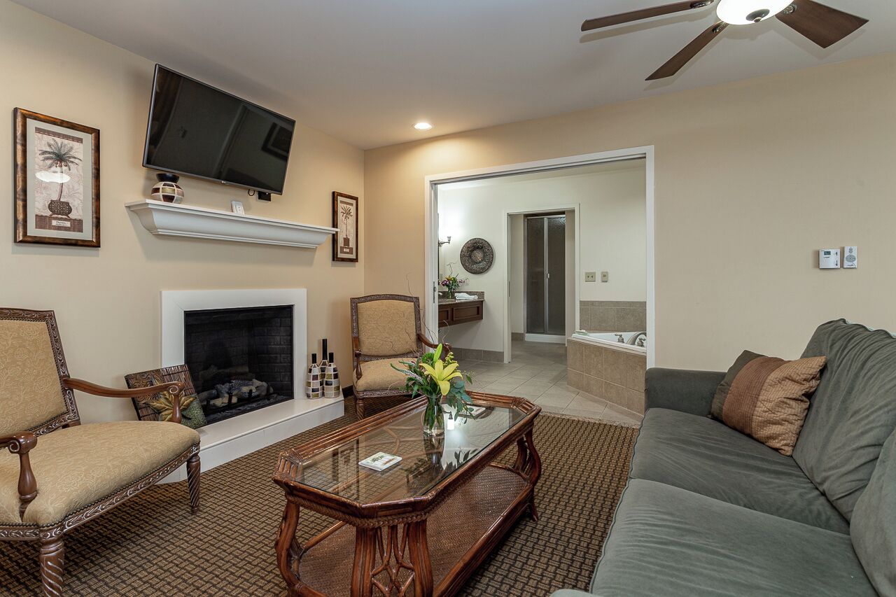 Una sala de estar con chimenea, televisor, ventilador de techo y sofá.