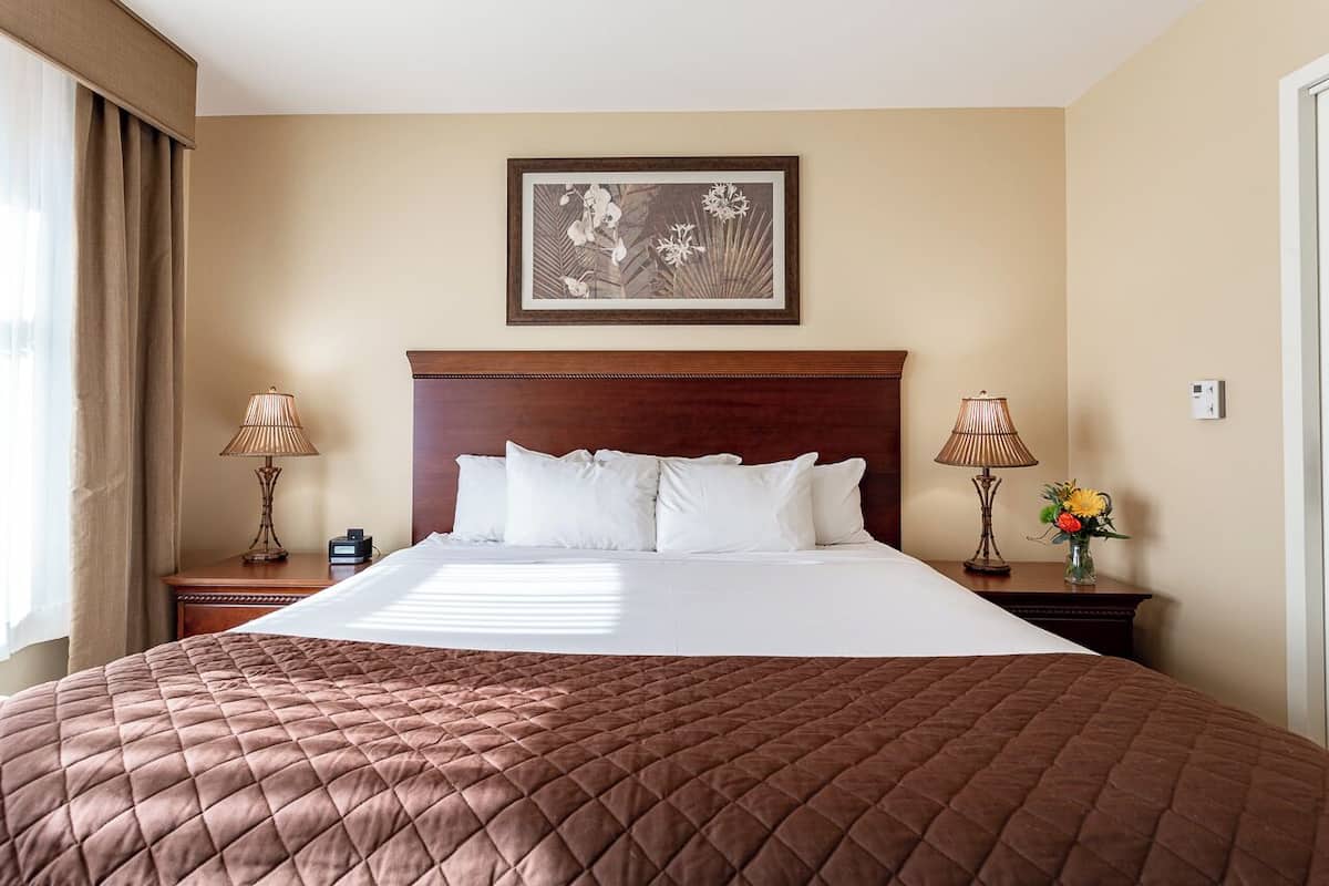 A hotel room with a large bed, two bedside tables with lamps, a framed picture on the wall, and a window with curtains.