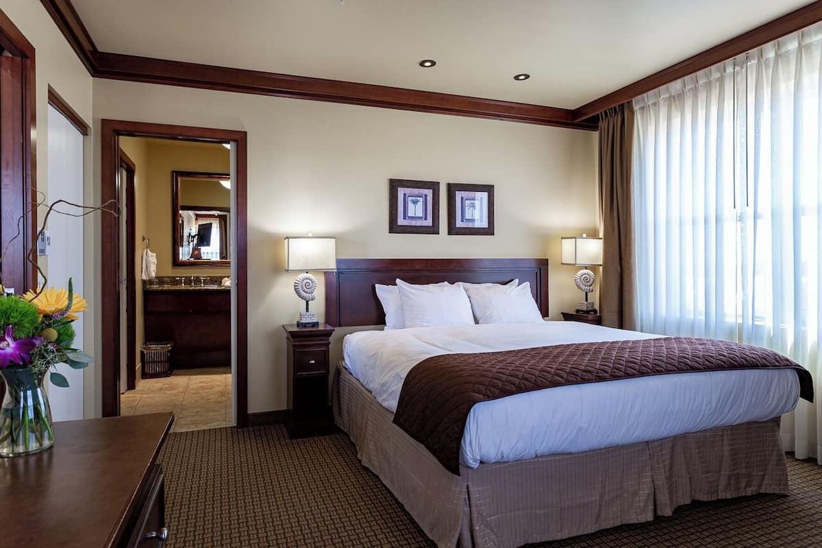 A hotel room with a large bed, two bedside lamps, a mirror, and a view of the outdoors.
