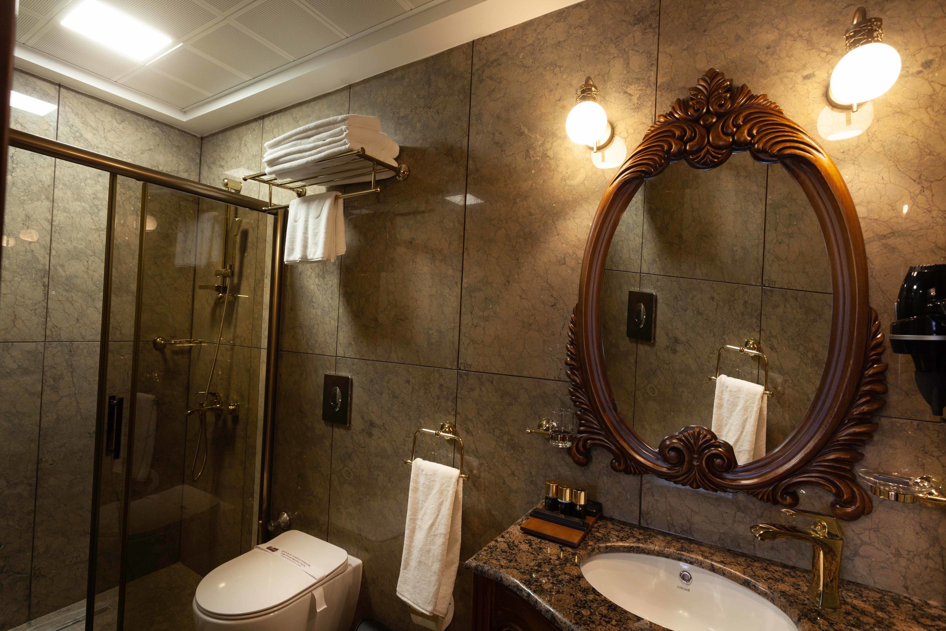 A bathroom with a glass-enclosed shower, a toilet, a sink with a marble countertop, and a large ornate mirror.