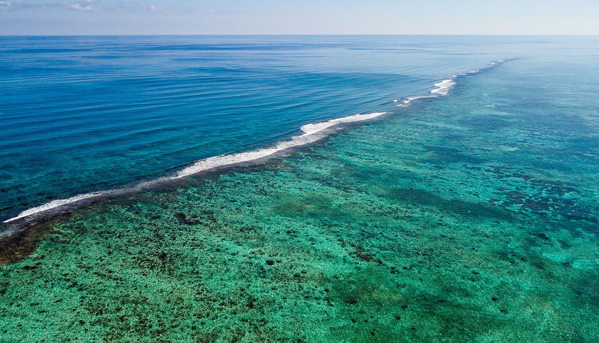Vue aérienne d’une plage aux eaux turquoise et limpides, bordée d’un rivage sablonneux.