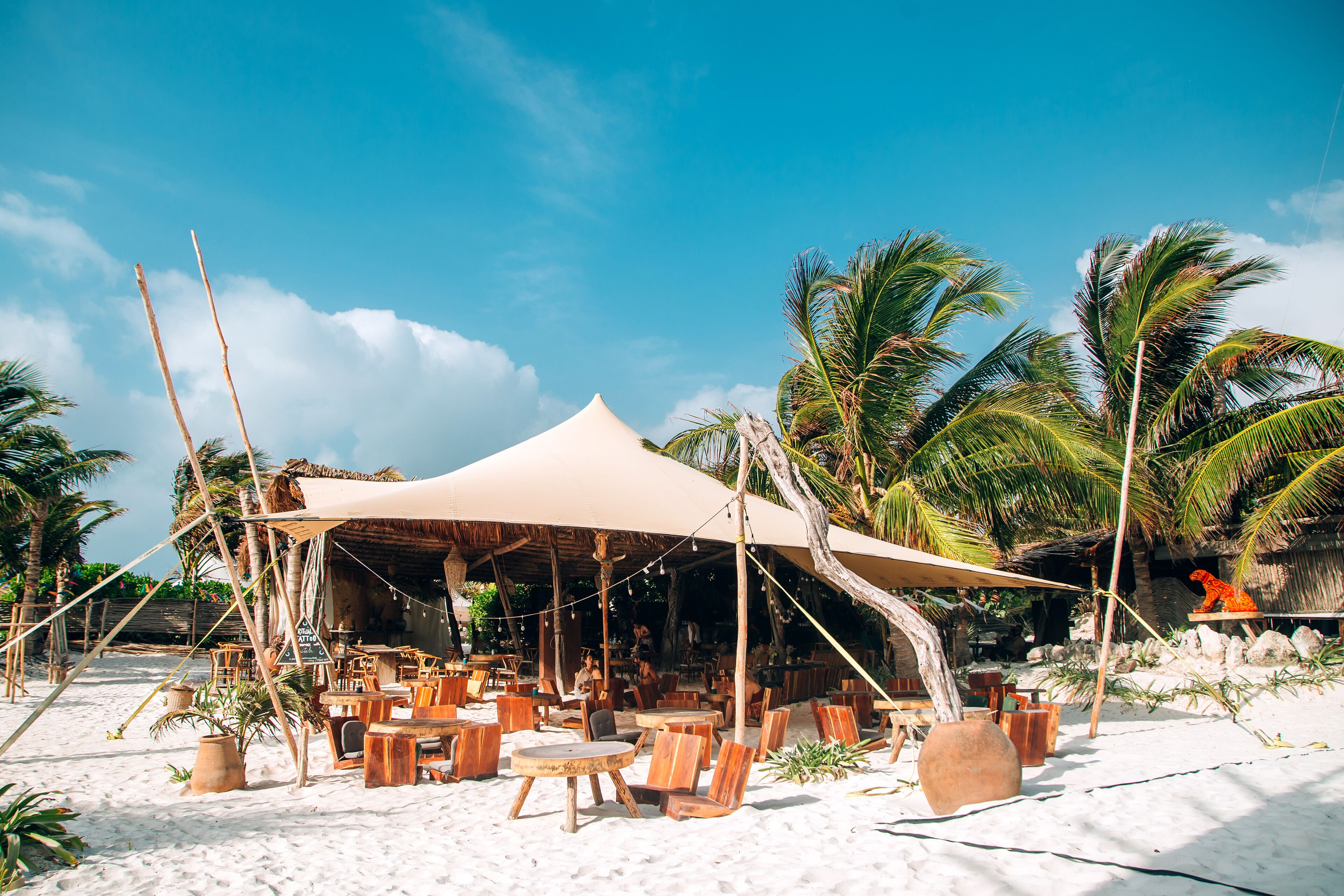 A beachside restaurant with outdoor seating, palm trees, and a thatched-roof structure.