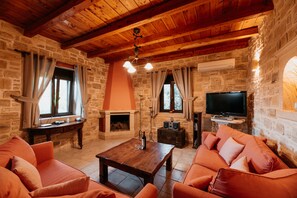 TV, fireplace, DVD player, books