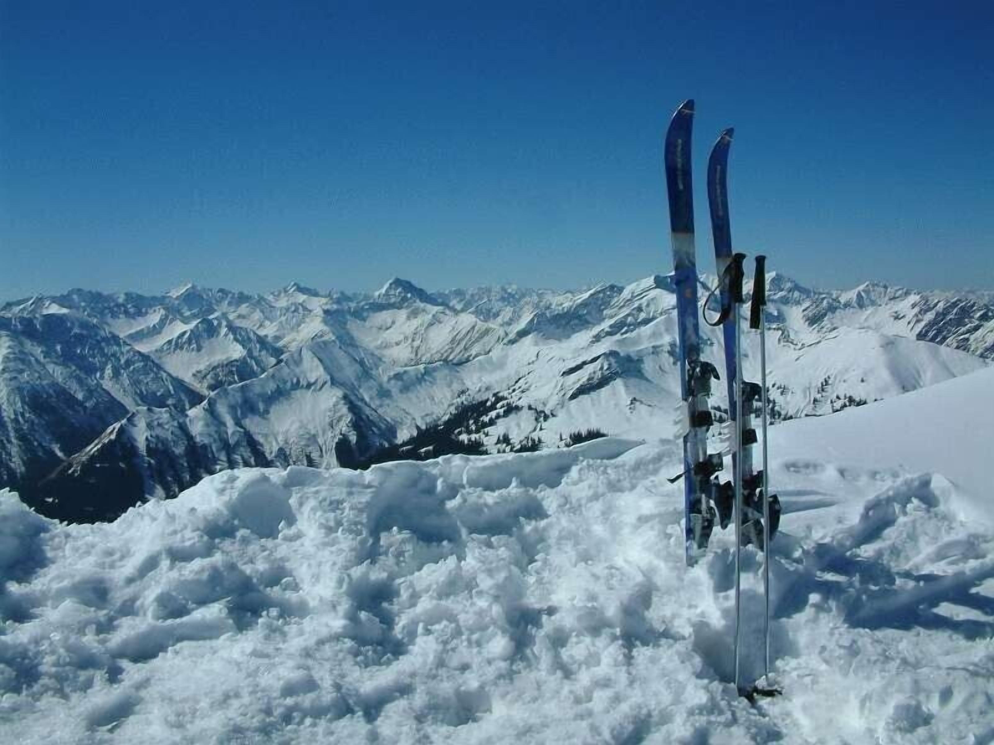 A pair of skis standing upright in a snowy landscape with a mountain range in the background.