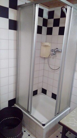 Chuveiro, secador de cabelo, toalhas de banho, papel higiênico