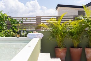 A rooftop terrace with a pool, potted plants, and a wooden fence. - Casa Julian - 3BR PH at Attha Cenote (Tulum)