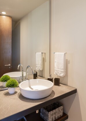 A modern bathroom with a large sink, two faucets, a mirror, and two potted plants.