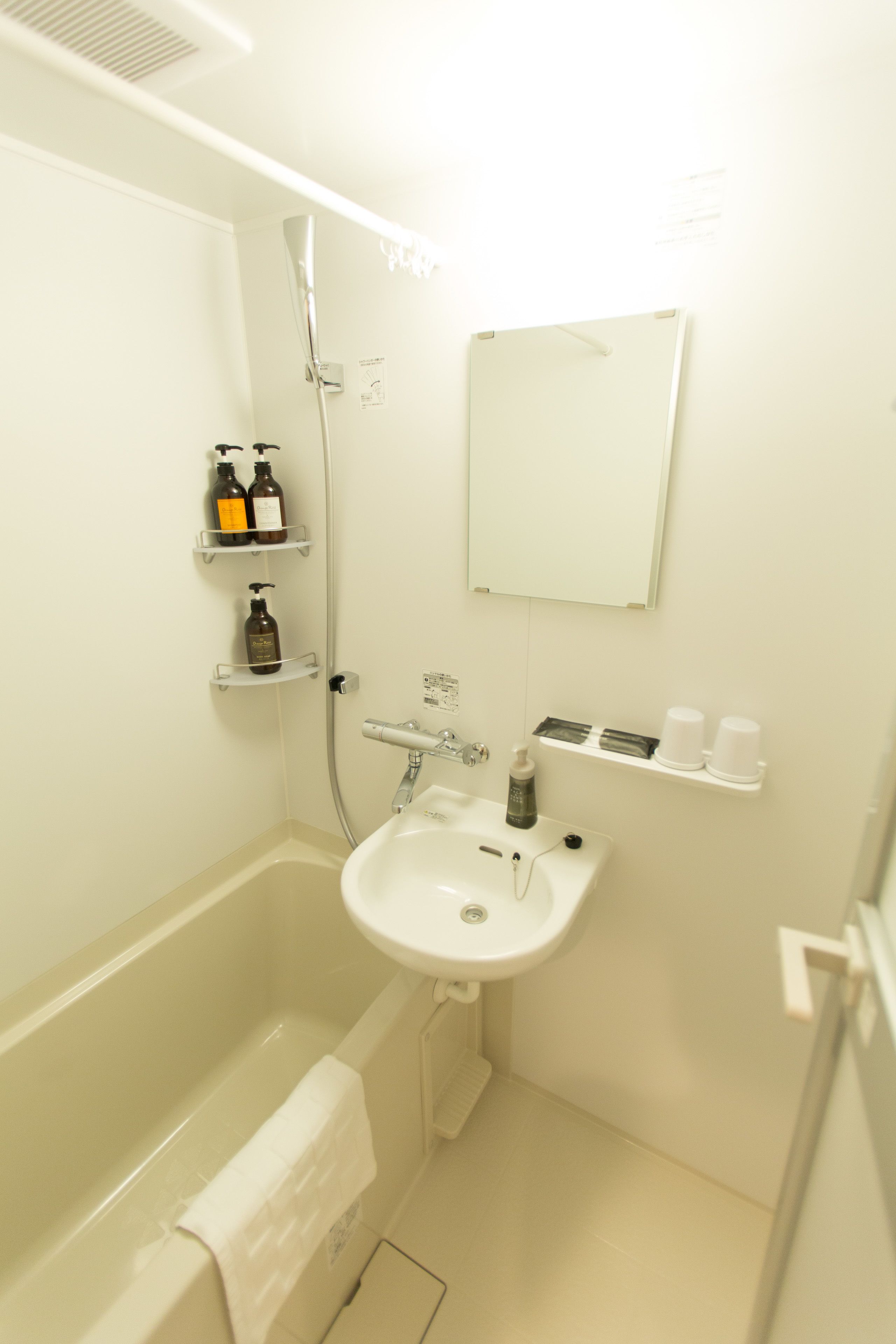 combined shower/bathtub, deep-soaking bathtub, hair dryer, slippers