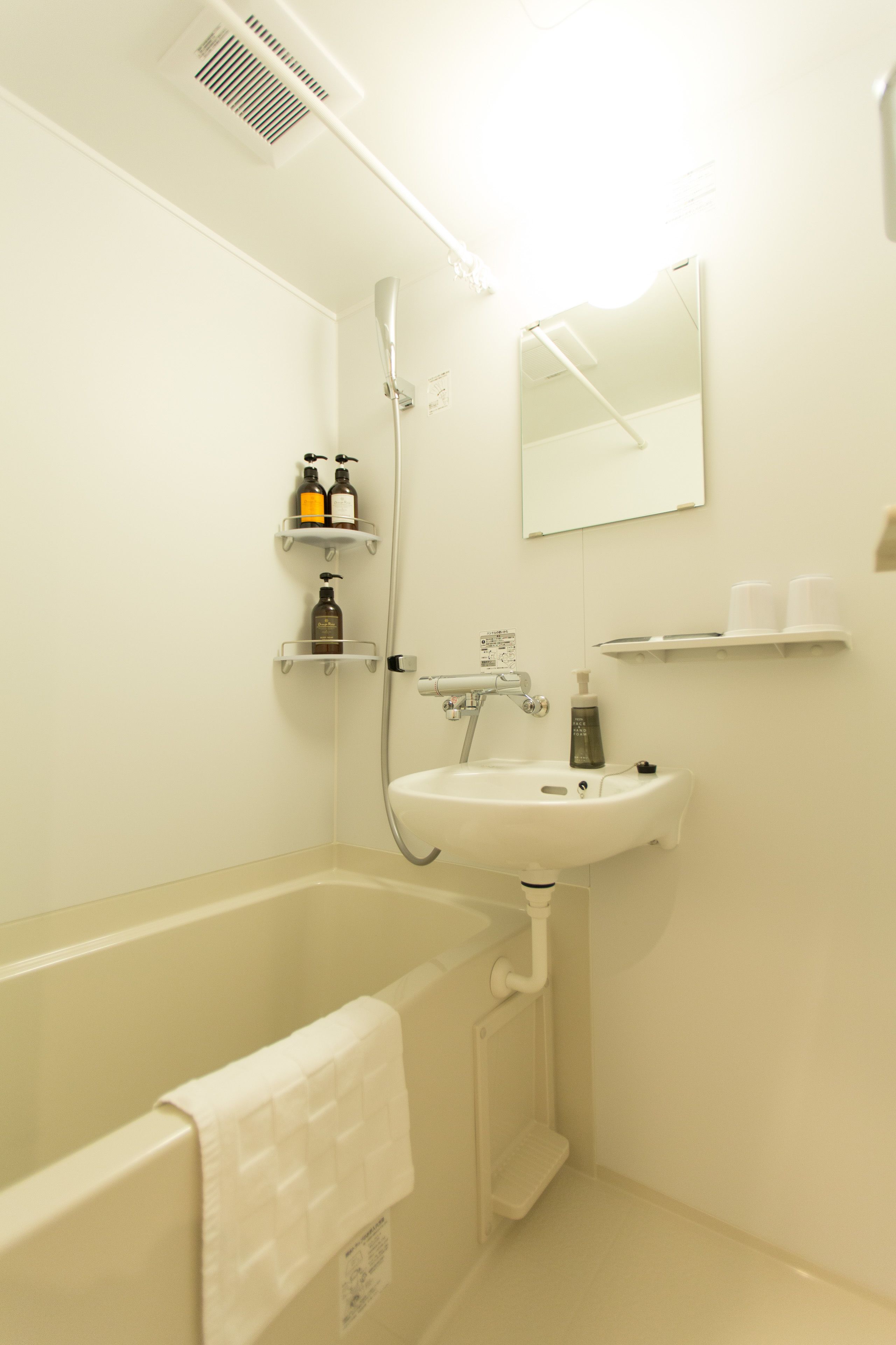 combined shower/bathtub, deep-soaking bathtub, hair dryer, slippers