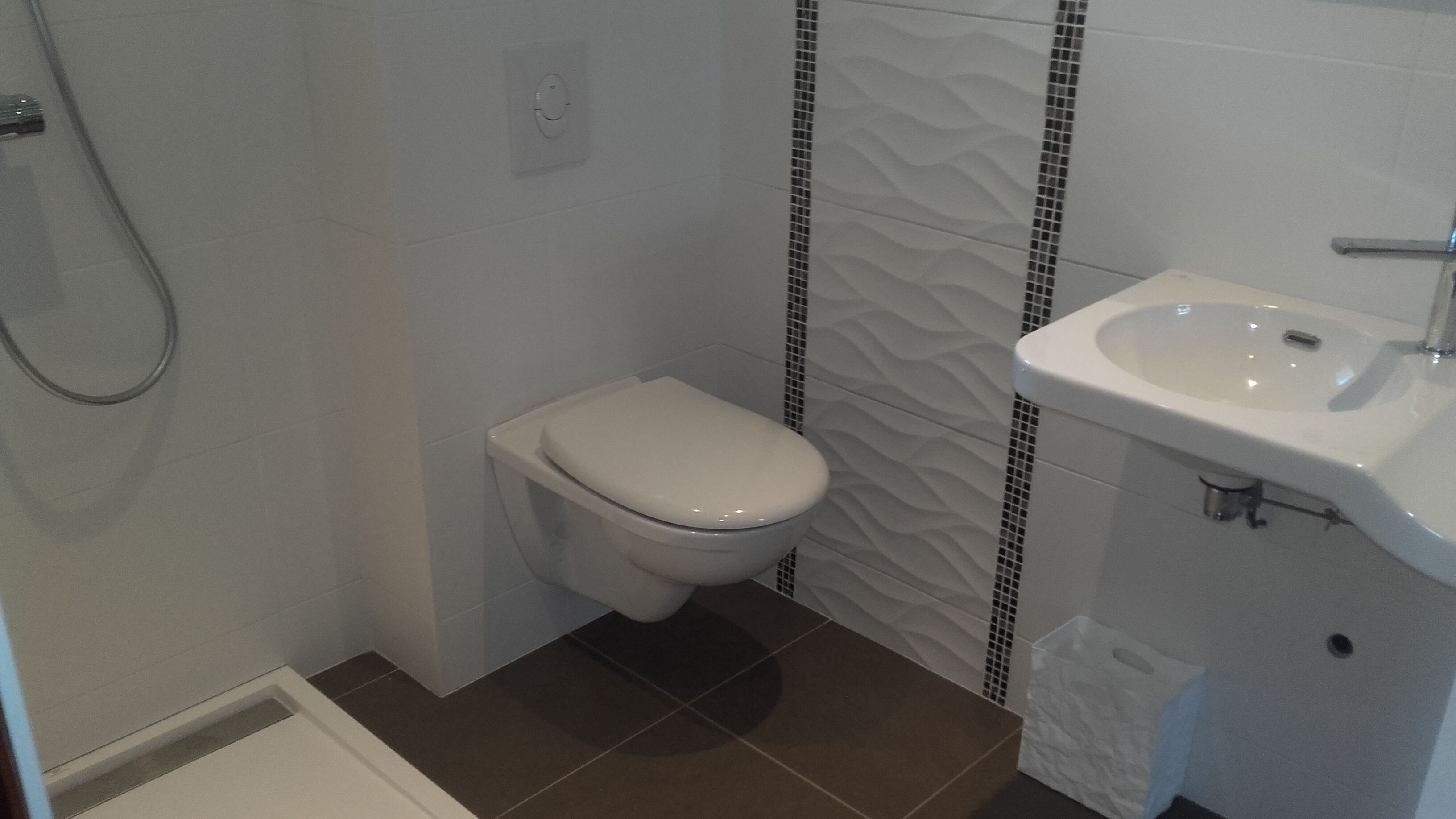 A bathroom with a toilet, a sink, and a shower.