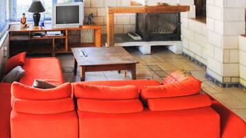 Télévision, cheminée, lecteur de DVD, table de tennis de table