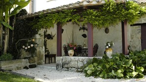 A patio with a stone table and chairs, surrounded by greenery and potted plants. -  A privileged vacation out of time, Be the Châtelains of the Manor.     (Birac-sur-Trec)