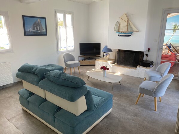 TV, fireplace, DVD player, books