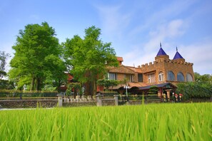 A castle-like building with a stone facade and two blue domes, surrounded by lush greenery and a well-maintained garden.