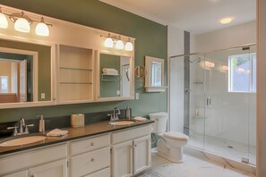 Combined shower/tub, hair dryer, towels, soap