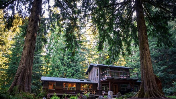 A cabin with a deck, surrounded by tall trees and a well-maintained garden.