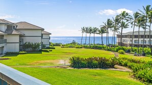Un resort con un césped bien cuidado, palmeras y vistas al océano.