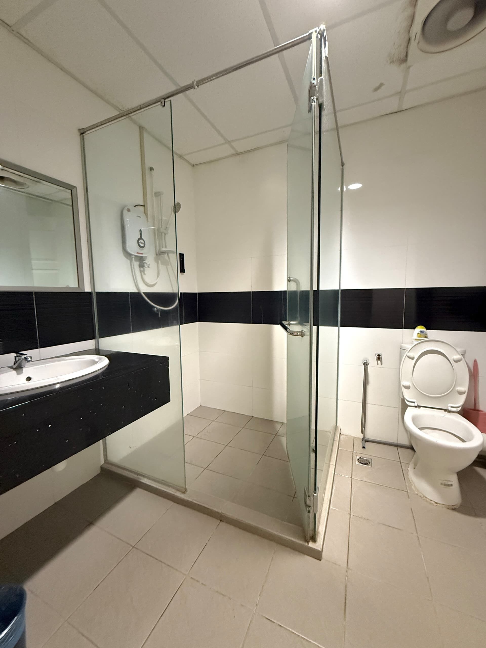 A modern bathroom with a glass-enclosed shower, a white sink, and a toilet.