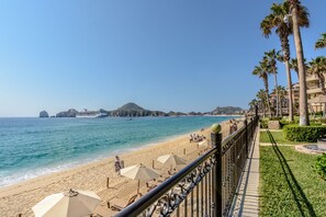 On the beach, sun-loungers, beach towels
