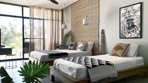 A modern bedroom with two beds, a ceiling fan, a large window with curtains, a desk, and a plant. - Mahi Mahi Dive Resort (Zamboanguita)
