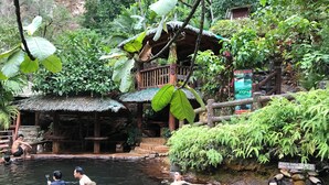 A natural hot spring area with wooden structures and lush greenery. - Mahi Mahi Dive Resort (Zamboanguita)
