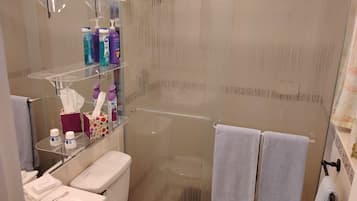 Sèche-cheveux, serviettes fournies, savon, shampoing