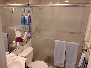 Hair dryer, towels, soap, shampoo