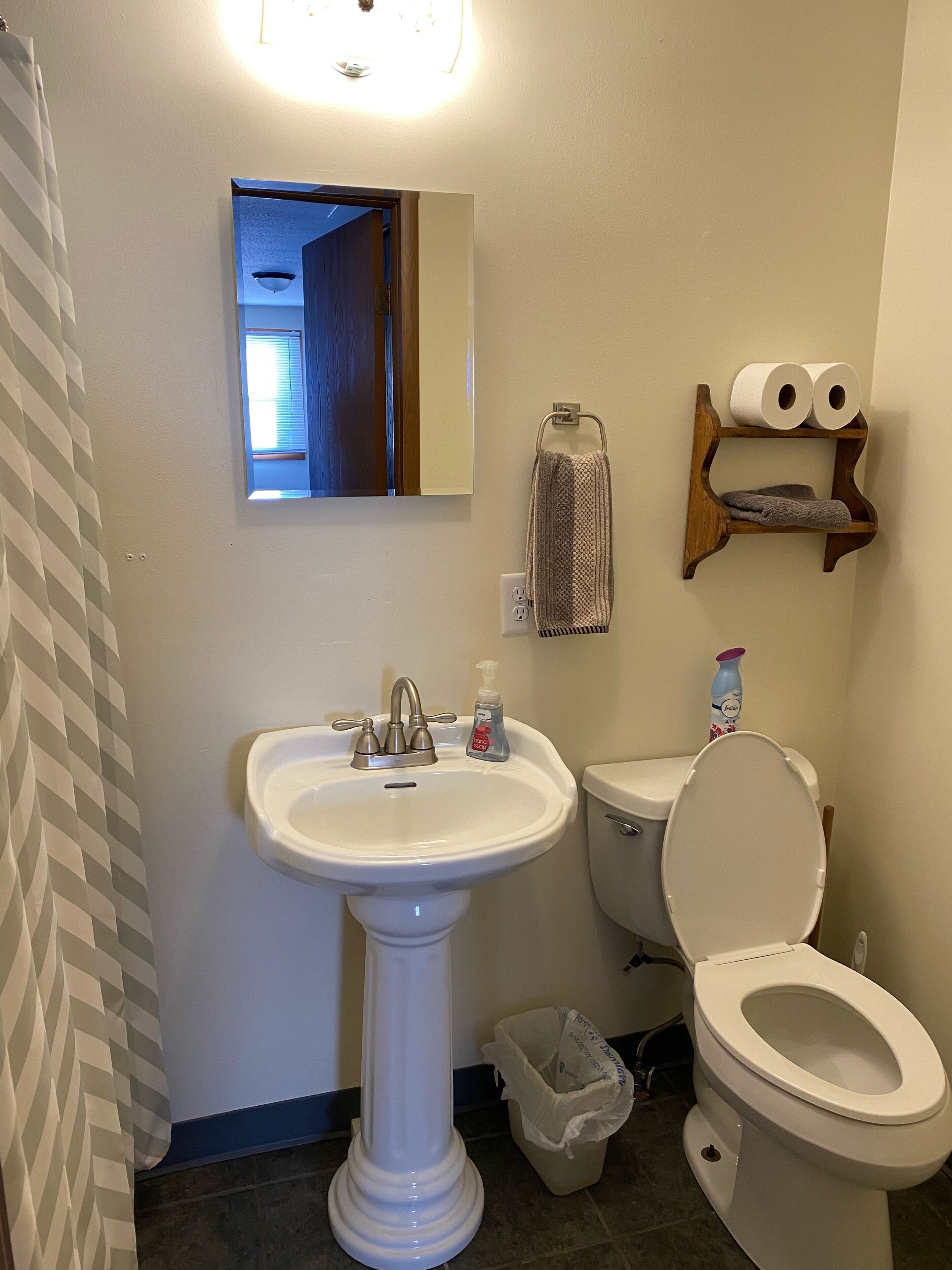 A bathroom with a pedestal sink, toilet, and a mirror above the sink. There is a towel rack with a towel and a shelf with toilet paper.