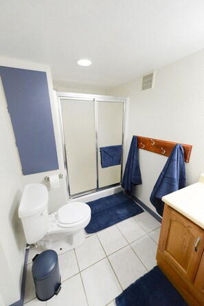 Dusche, Haartrockner, Handtücher, Seife