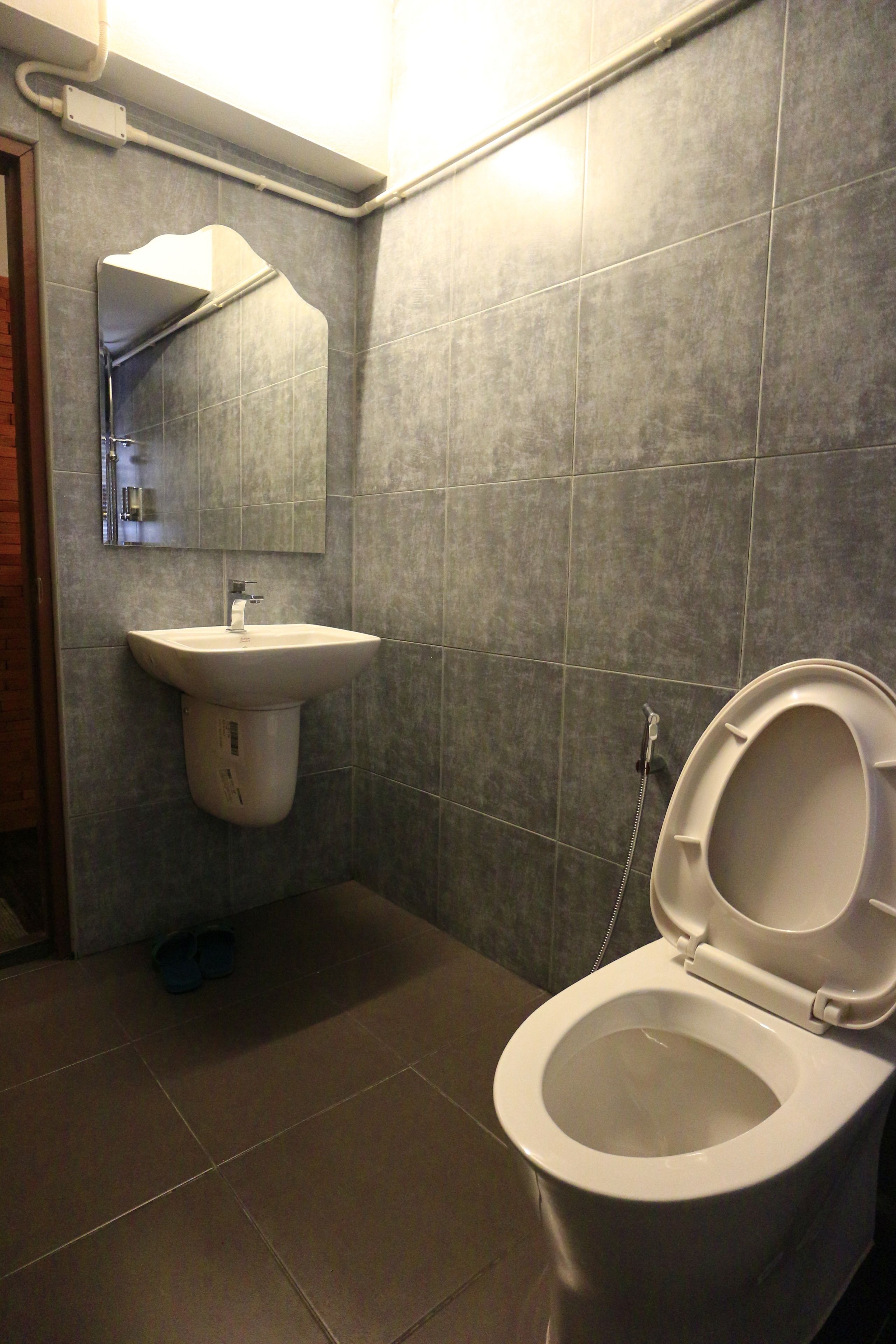 A bathroom with a toilet, sink, and mirror.