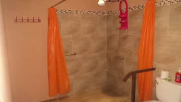Shower, free toiletries, hair dryer, towels