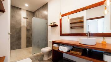 Hair dryer, towels, soap, toilet paper
