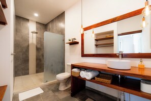 Hair dryer, towels, soap, toilet paper