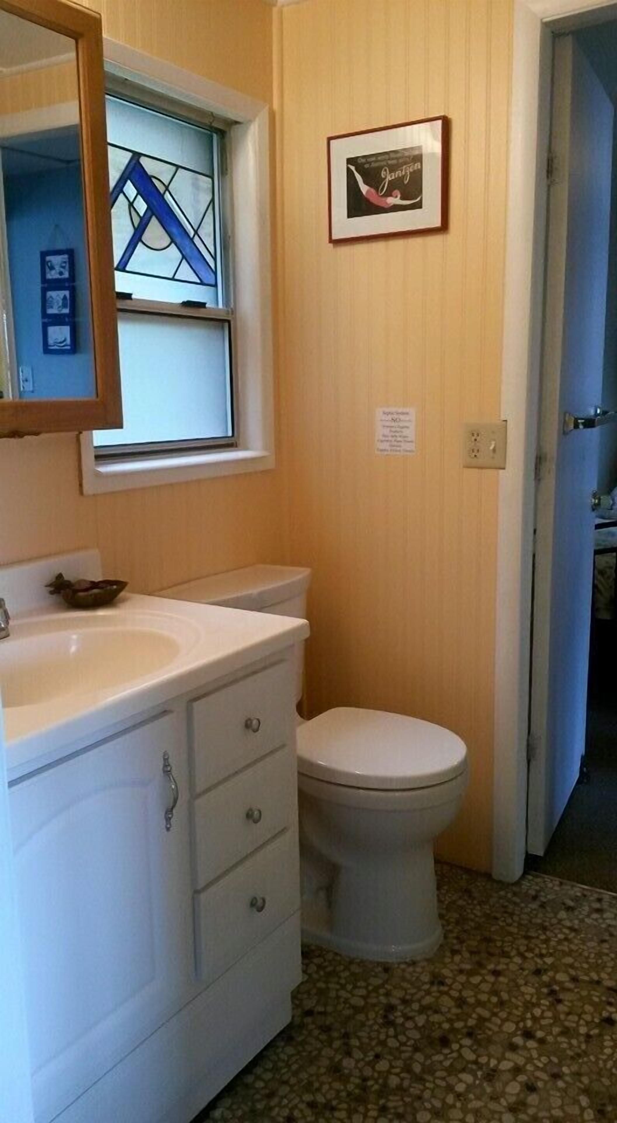 Une salle de bain avec un lavabo blanc, un miroir, un tableau encadré au mur et des toilettes.