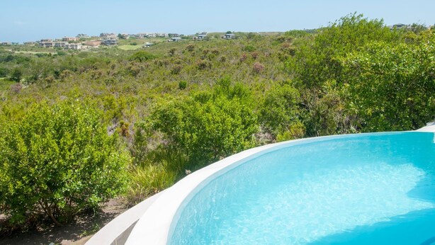A swimming pool surrounded by lush greenery and a view of a hillside with buildings in the distance. - 8 Sheerline (Knysna)