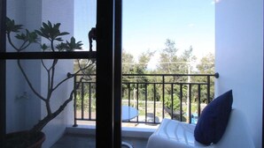 A balcony with a potted plant, a white chair, and a view of the outdoors. - Muguang Inn (Hengchun)