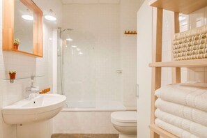 Bañera con ducha, secador de pelo, toallas, papel higiénico