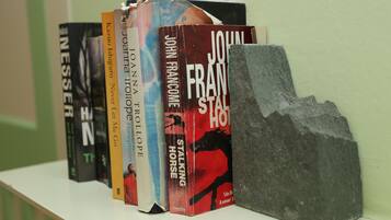 A row of books on a shelf with a stone block beside them.