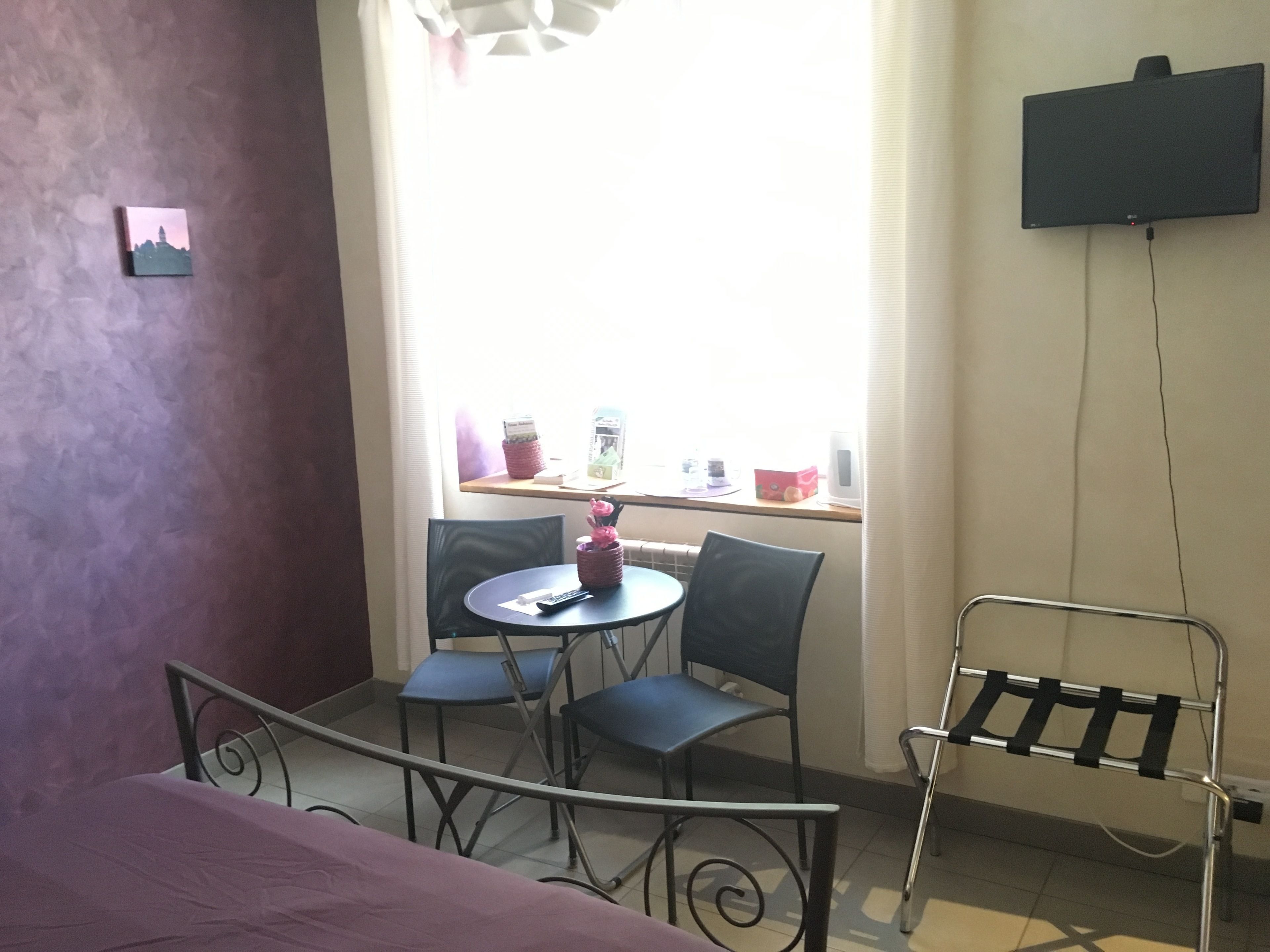 A small room with a bed, a table with chairs, a window with curtains, a TV mounted on the wall, and a radiator.