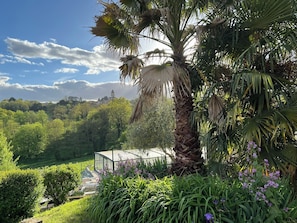 Un exuberante jardín con una palmera y flores moradas, una estructura de cristal tipo invernadero y una vista distante de un castillo.