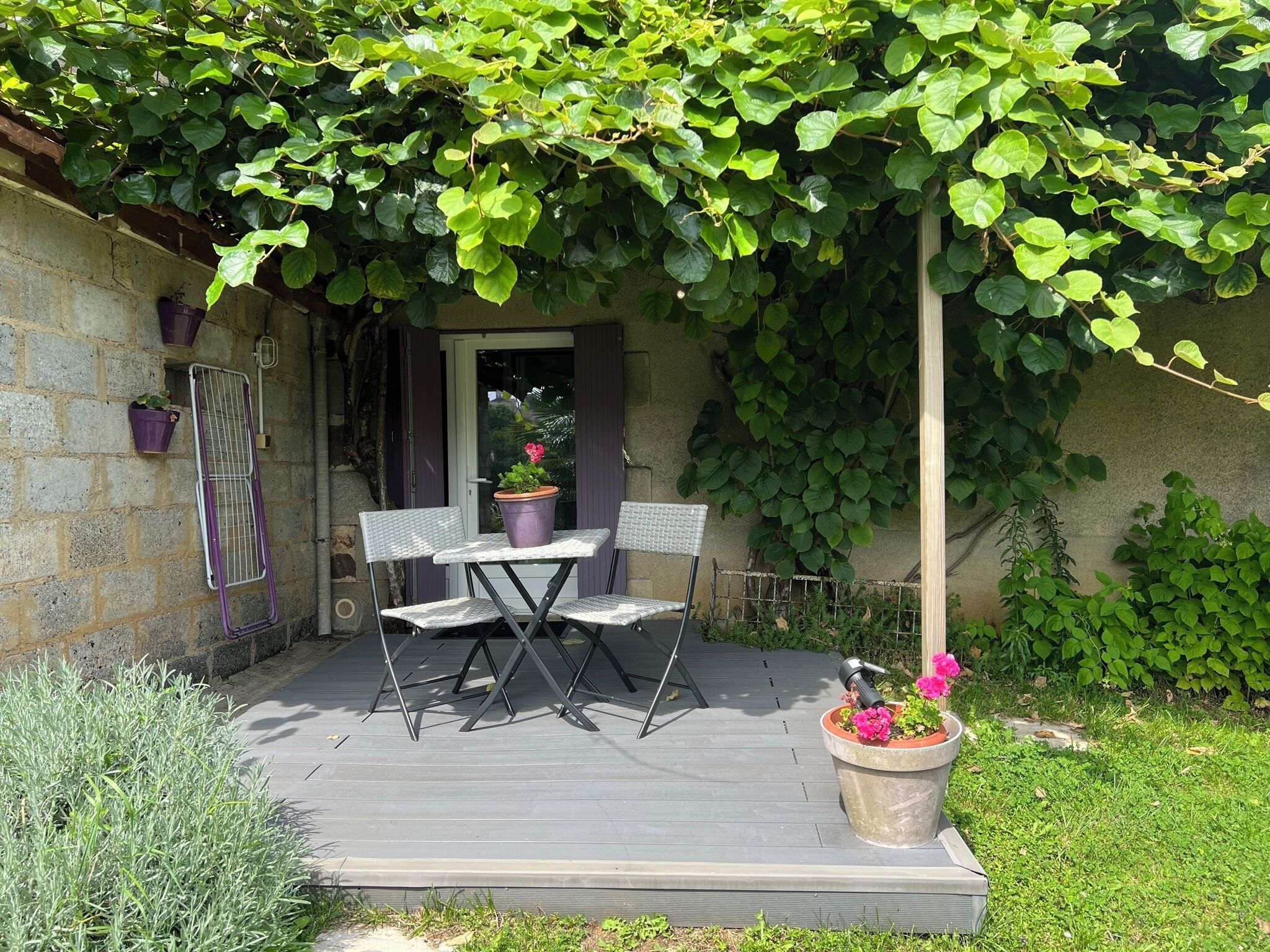 Une terrasse extérieure avec une table et des chaises, entourée de verdure et de plantes en pot.