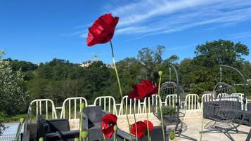A patio with outdoor seating, a metal railing, and red poppies in the foreground.