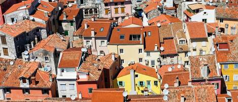 A coastal town with tightly packed buildings, clear blue sea, and rocky shoreline.