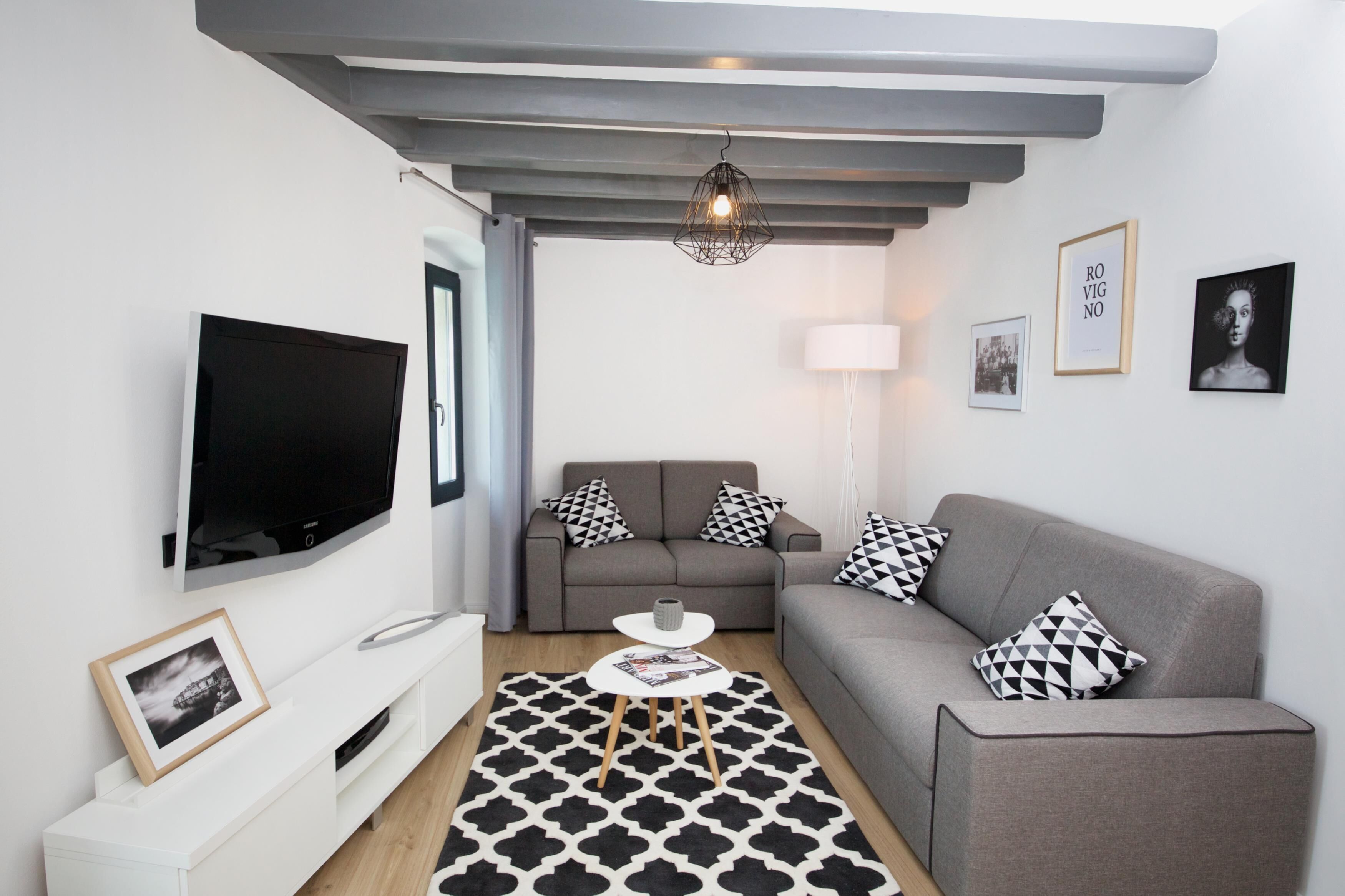 Un salon moderne avec un canapé gris, un téléviseur blanc, un tapis à motifs et un luminaire au plafond.